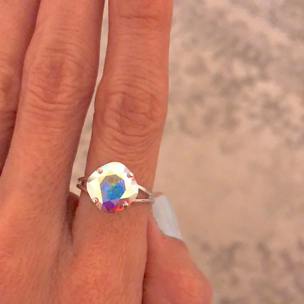 Aurora Borealis + Silver Cushion Cut Crystal Ring